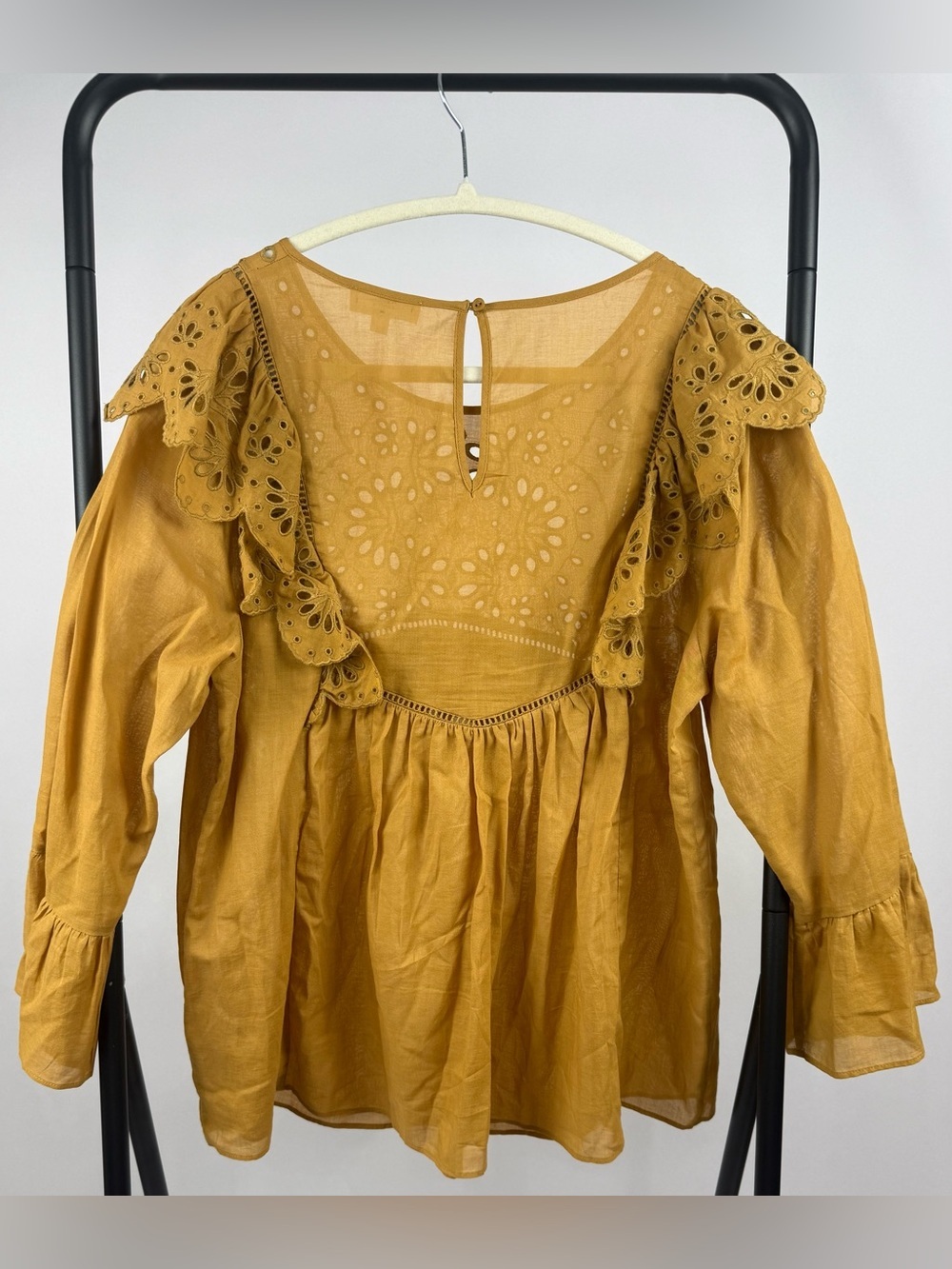 A Loves A Mustard Eyelet Embroidered Ruffle Boho Peasant Top Large Cotton - Picture 3 of 6